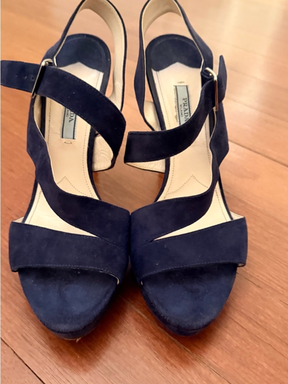 Prada Navy Suede Crisscross Slingback Heels